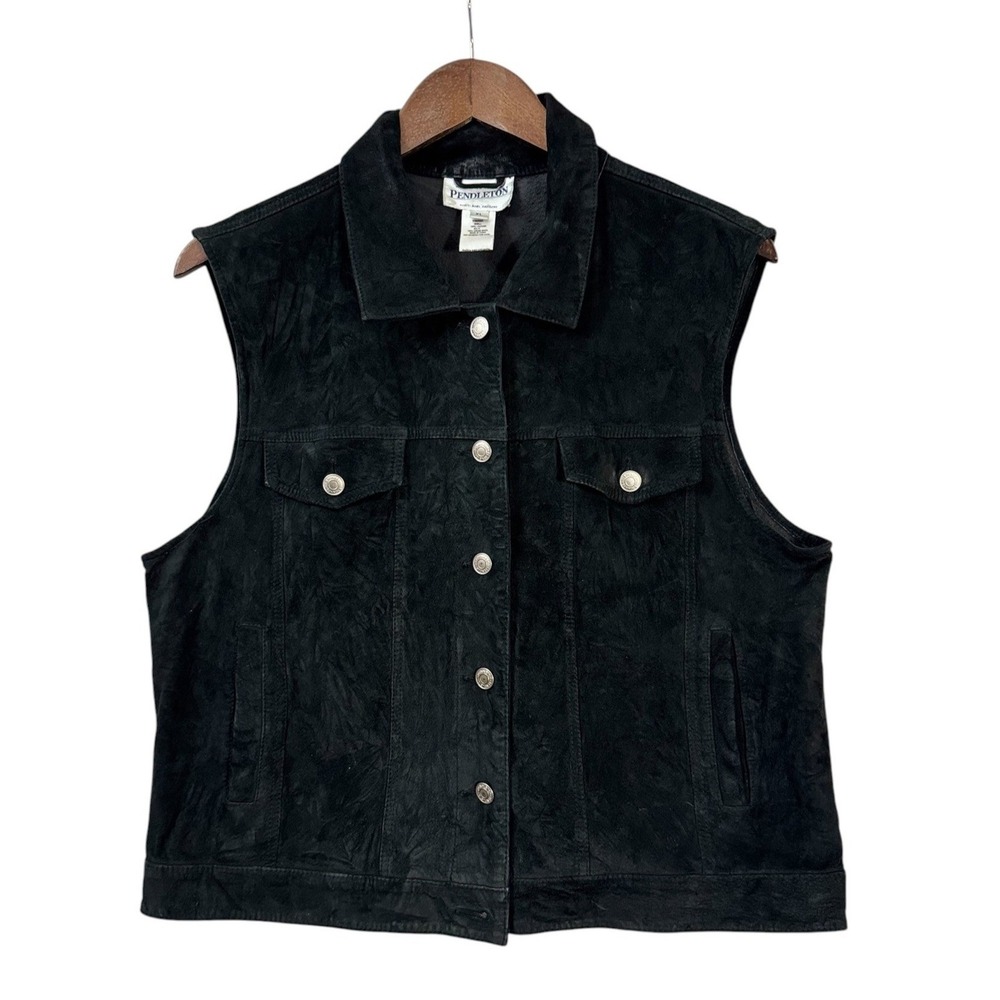 Pendleton Womens Leather Vest XL Black Wool Southwestern Native Aztec Ranch Boho - Picture 2 of 8
